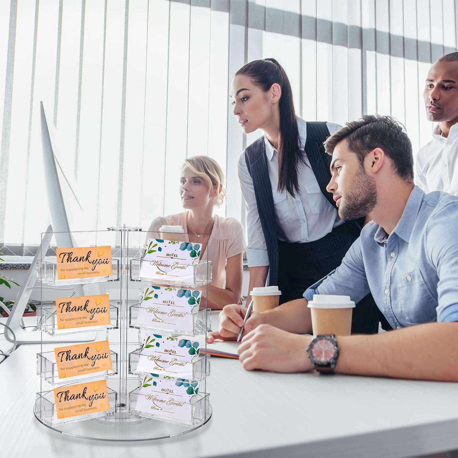 Qunclay Acrylic Business Card Holder Multi Slot Card Organizer Plastic Rotating Clear Sticker Holders Multi Pocket Rotating Countertop Organizer Display(24 Pocket)